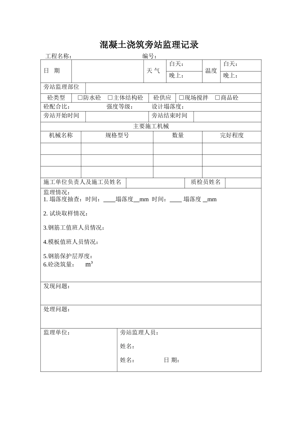 混凝土浇筑旁站监理记录--监理旁站记录_第1页