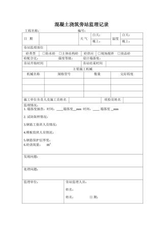 混凝土浇筑旁站监理记录--监理旁站记录