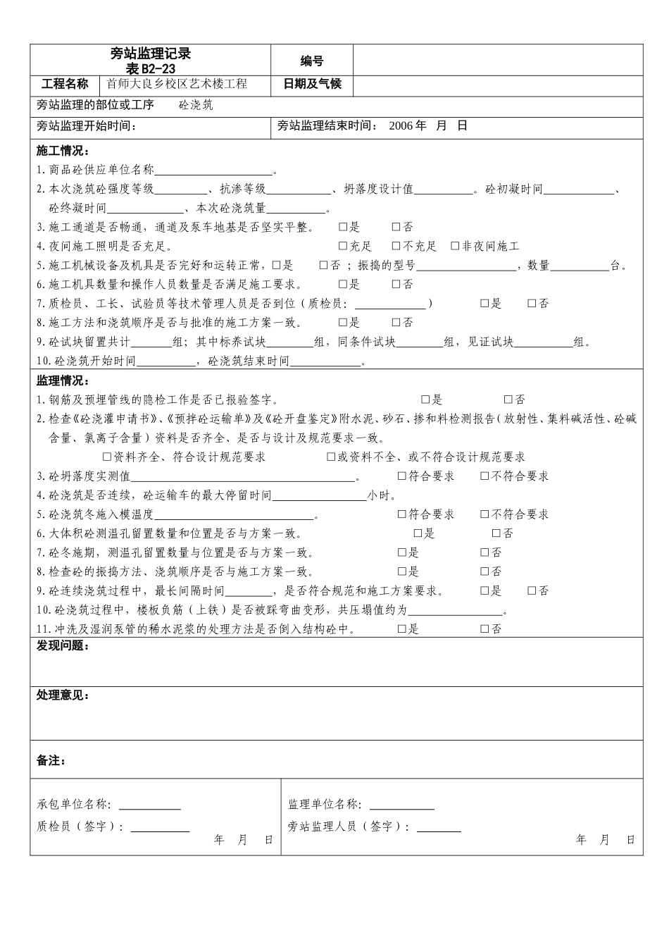 某校区艺术楼工程旁站监理记录--监理旁站记录_第1页