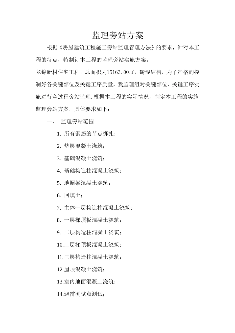 安置小区监理旁站方案--监理方案_第1页
