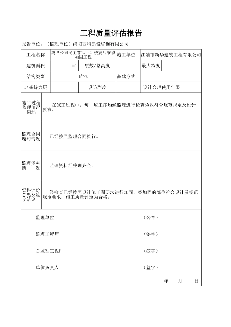 鸿飞公司民主巷住宅楼震后维修加固工程质量评估报告--监理评估报告_第1页