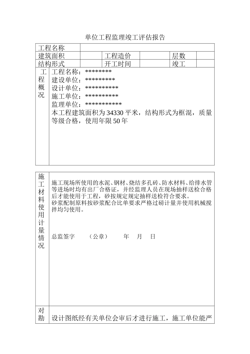 简洁的工程监理竣工评估--监理评估报告_第1页