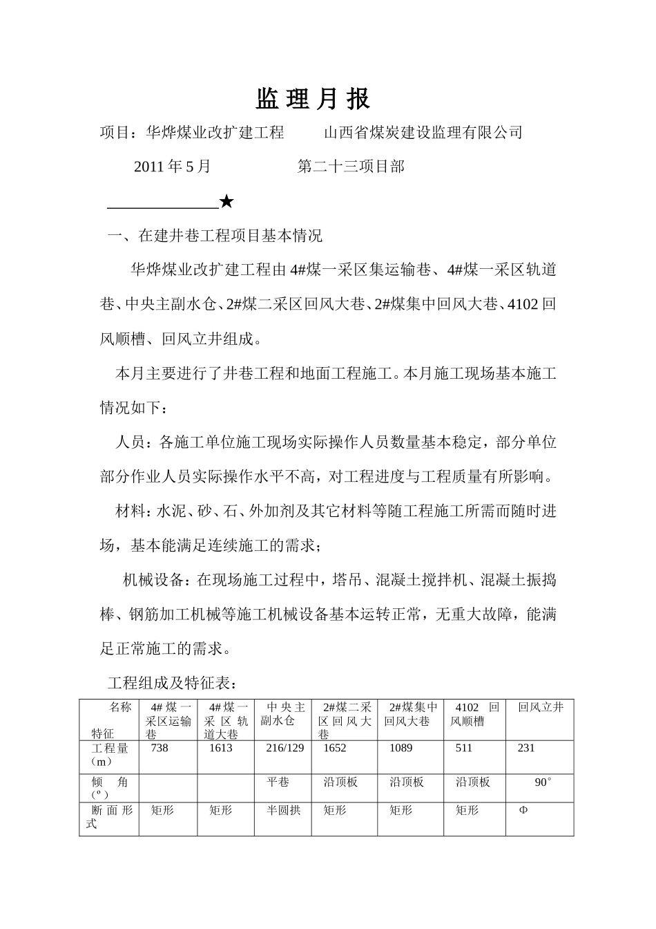 华烨煤业改扩建工程监理月报--监理月报_第1页
