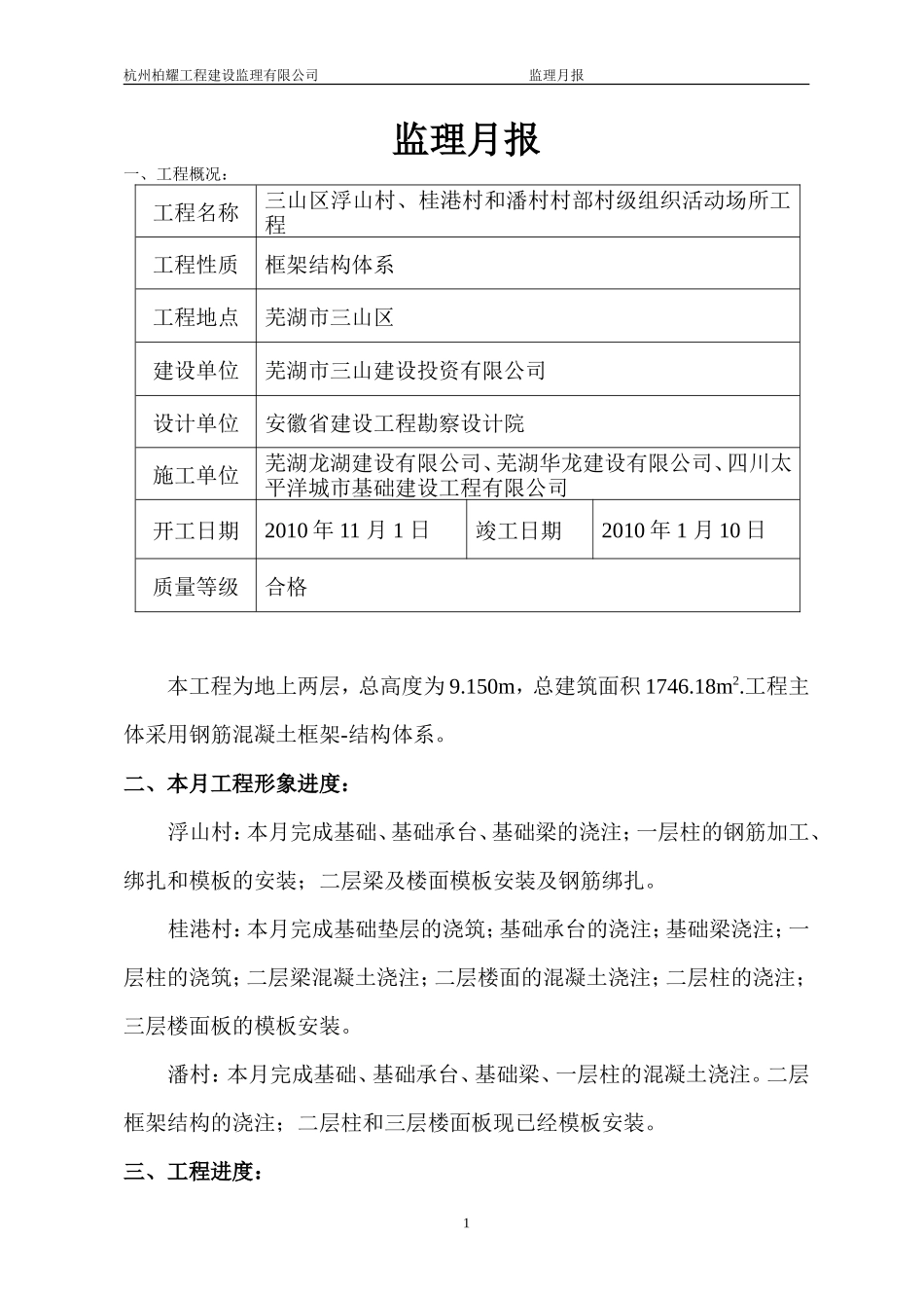 三山区浮山村、桂港村和潘村村部村级组织活动场所工程监理月报--监理月报_第1页