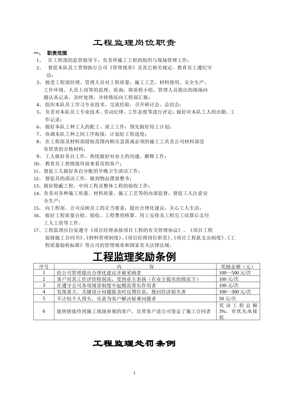 工程监理岗位职责及奖罚条例--监理职责_第1页