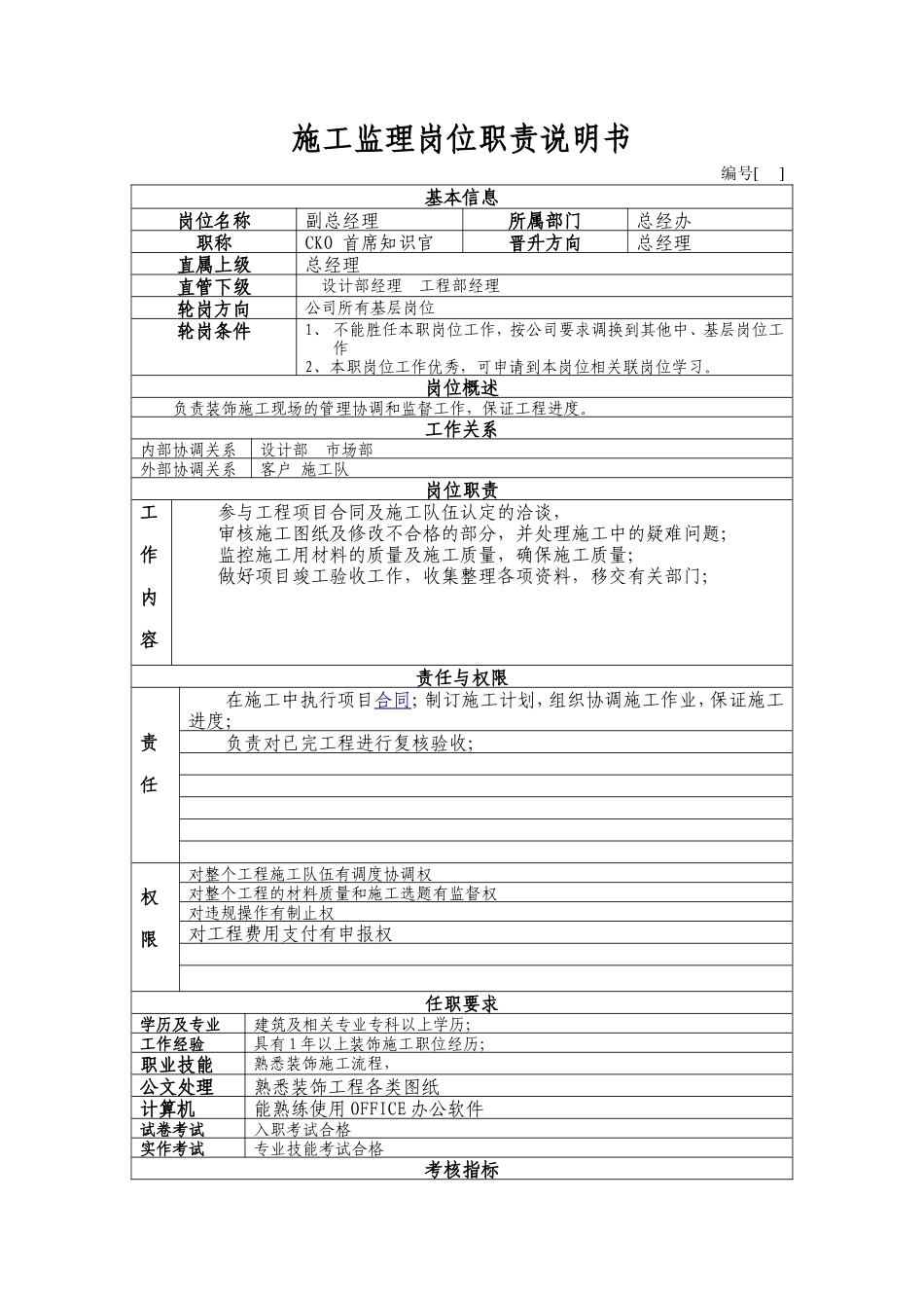 施工监理岗位职责说明书--监理职责_第1页