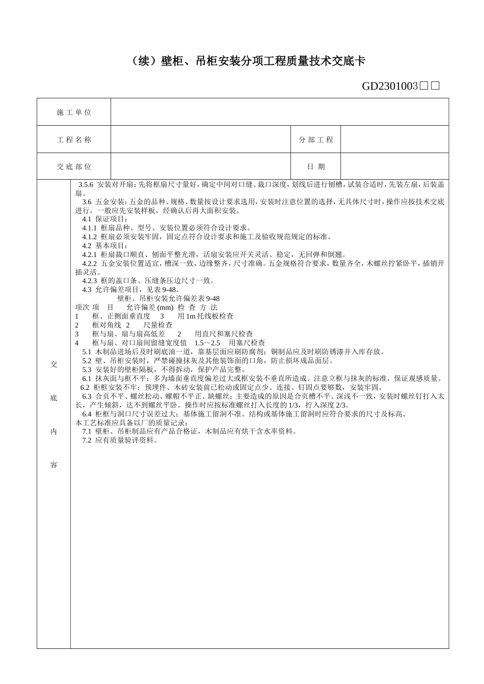 壁柜、吊柜安装分项工程质量技术交底卡--技术交底_第2页