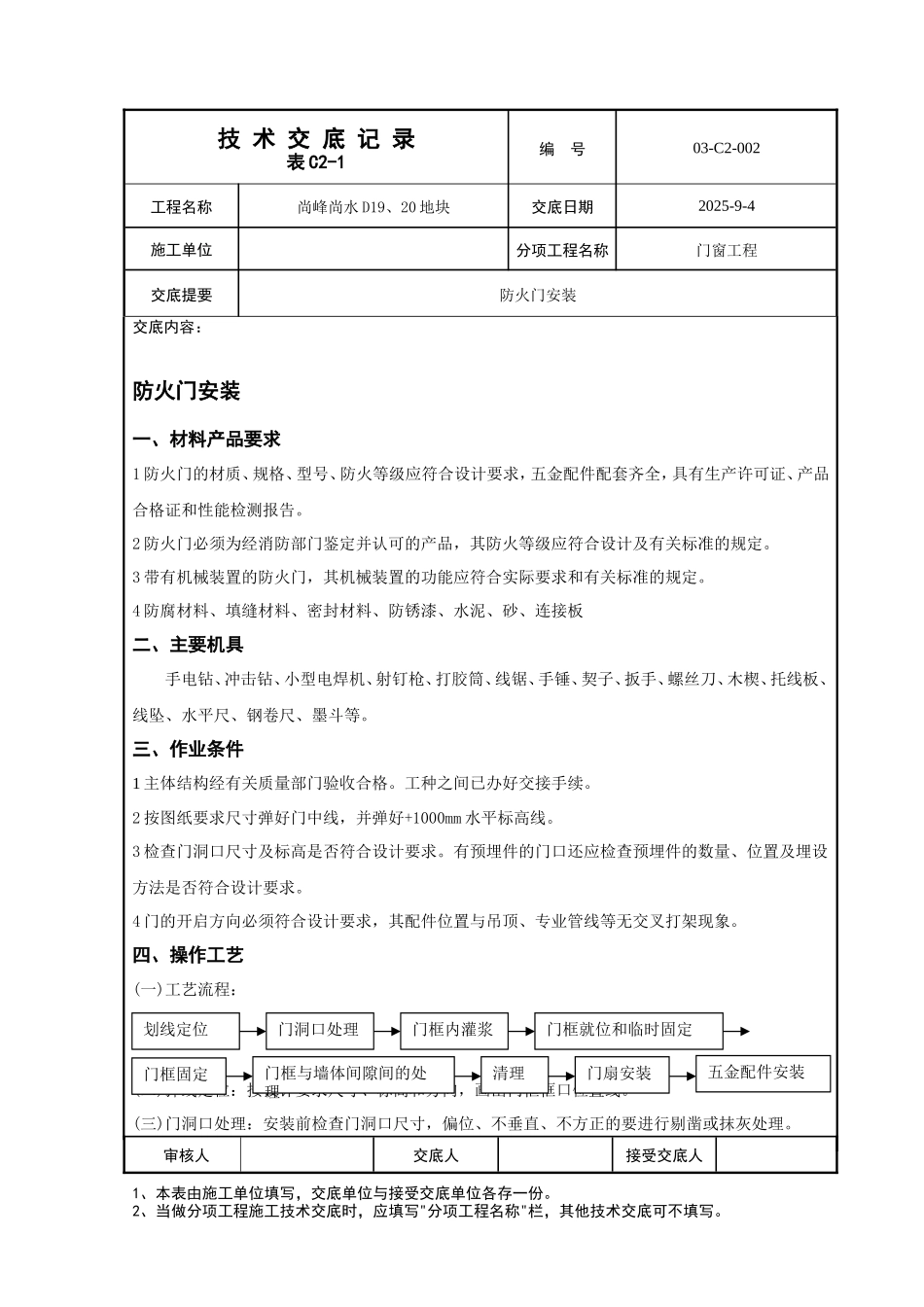 防火门安装工程技术交底--技术交底_第1页