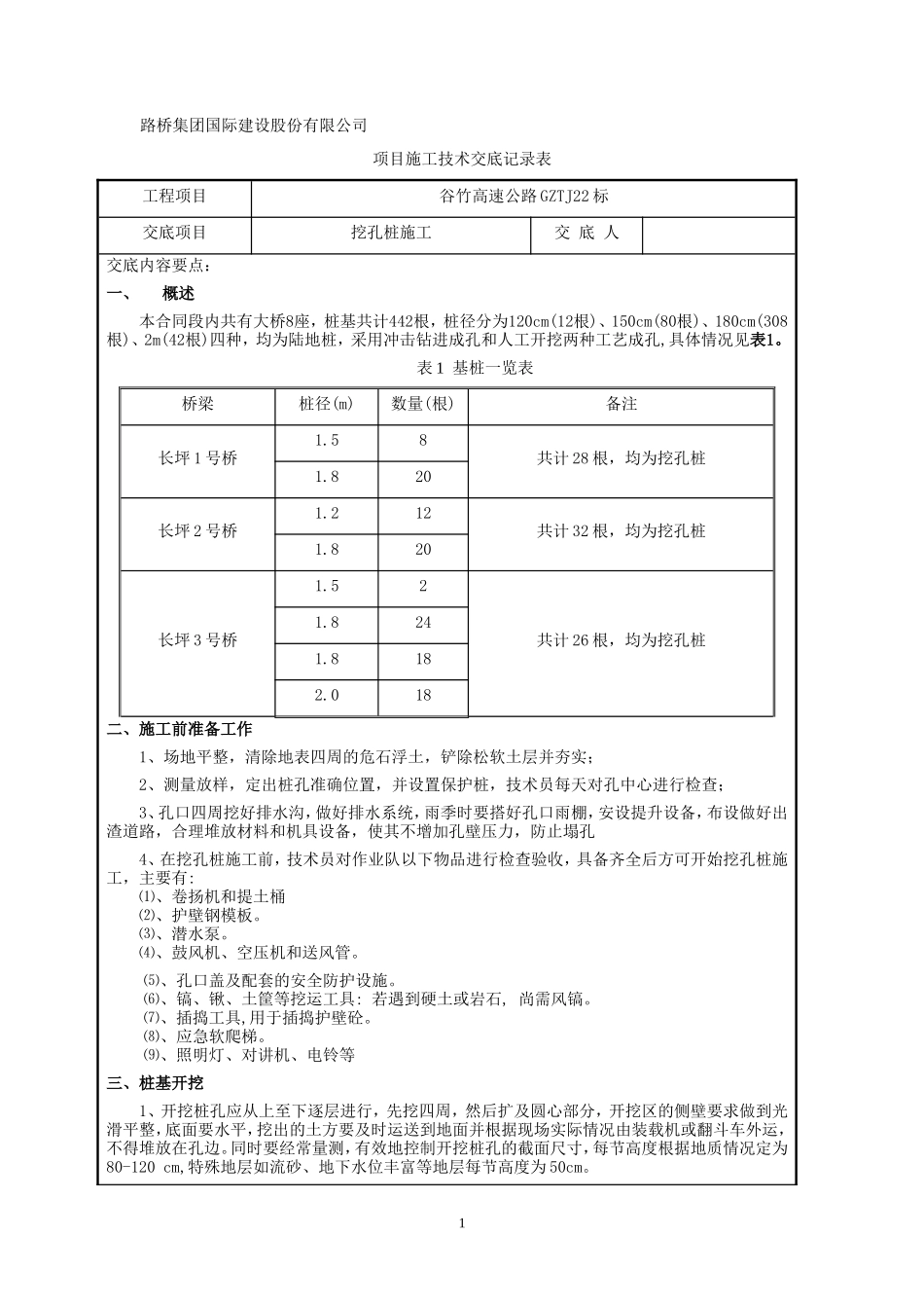 高速公路挖孔桩施工技术交底--技术交底_第1页