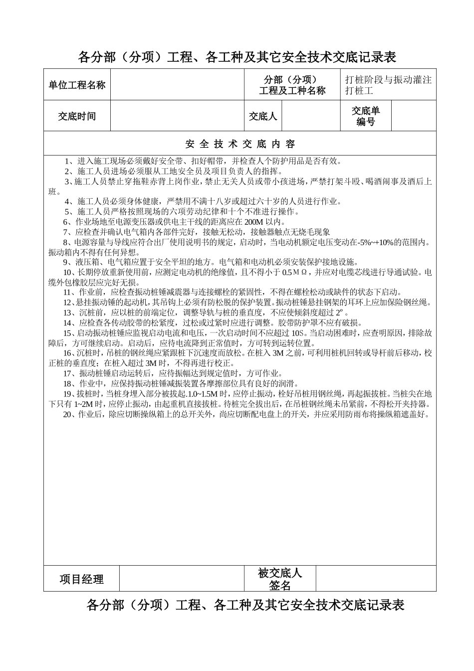 各分部(分项)工程、各工种及其它安全技术交底记录表--技术交底_第1页