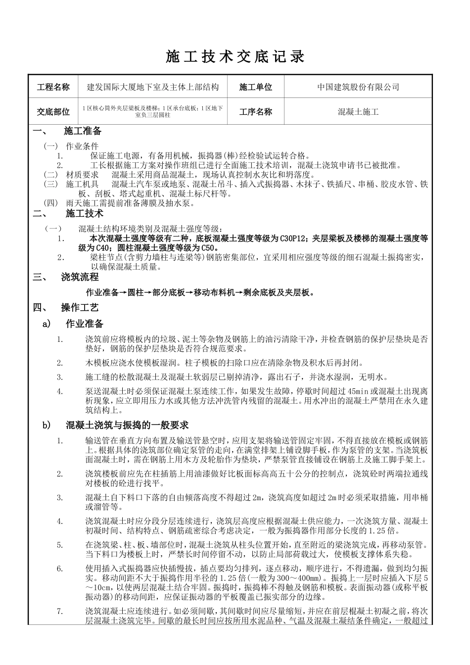 某大厦地下室及主体上部结构混凝土施工技术交底资料--技术交底_第1页