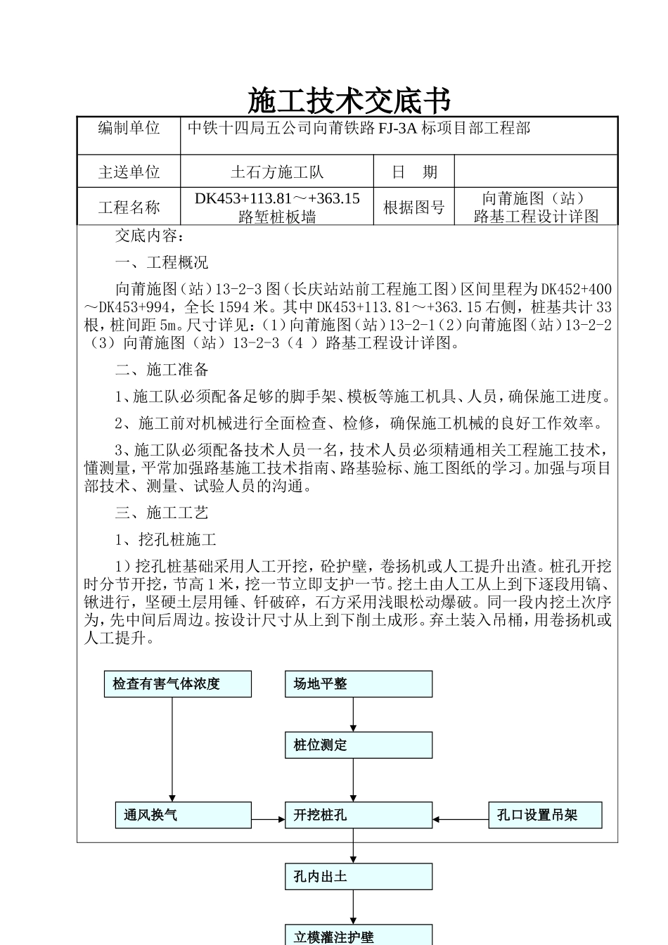 某铁路路堑桩板墙施工技术交底书--技术交底_第1页