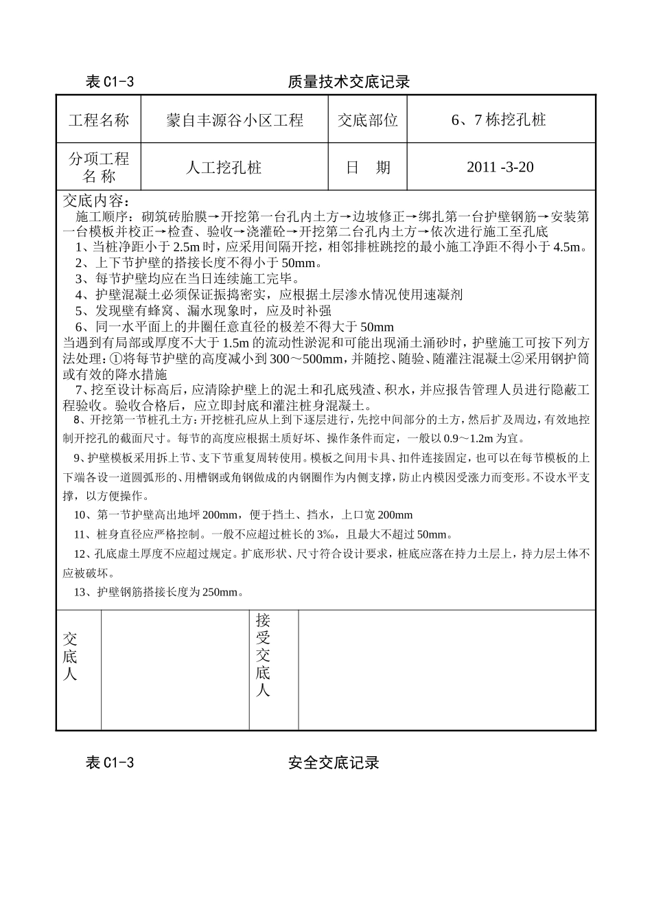 某小区人工挖孔桩质量技术交底--技术交底_第1页