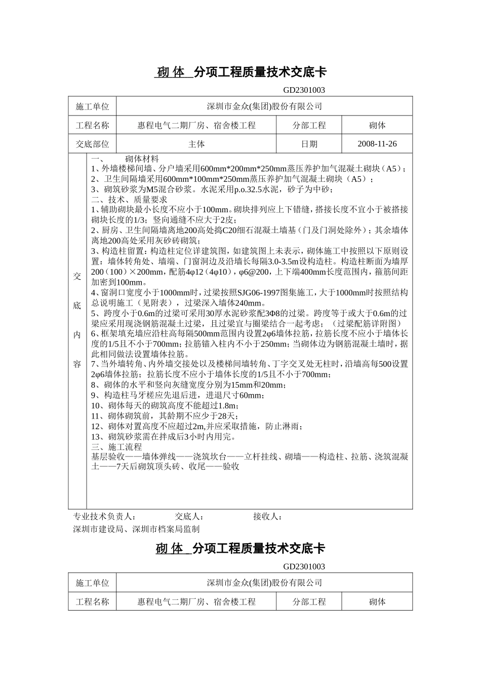 砌体分项工程质量技术交底卡--技术交底_第1页