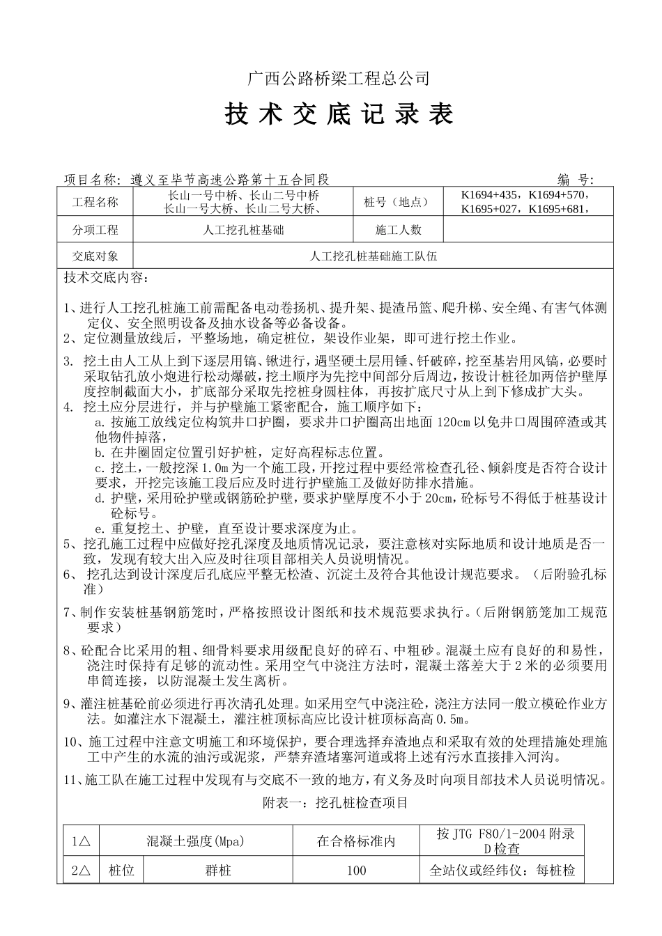 人工挖孔桩基础技术交底记录表--技术交底_第1页