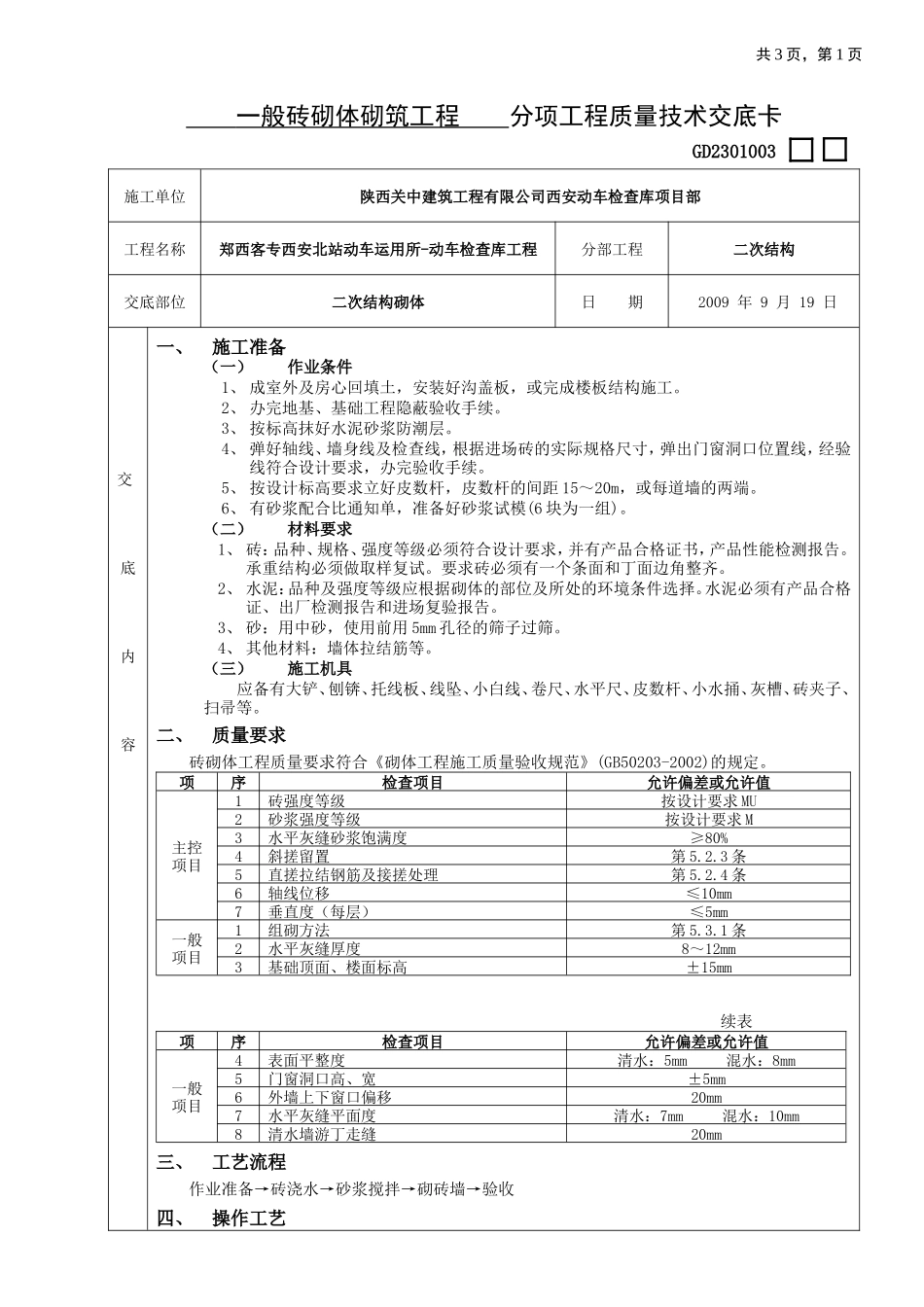 一般砖砌体砌筑工程分项工程质量技术交底卡--技术交底_第1页