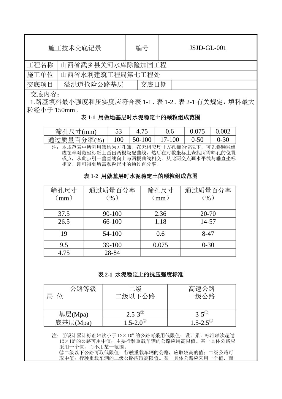 溢洪道抢险公路基层施工技术交底--技术交底_第1页