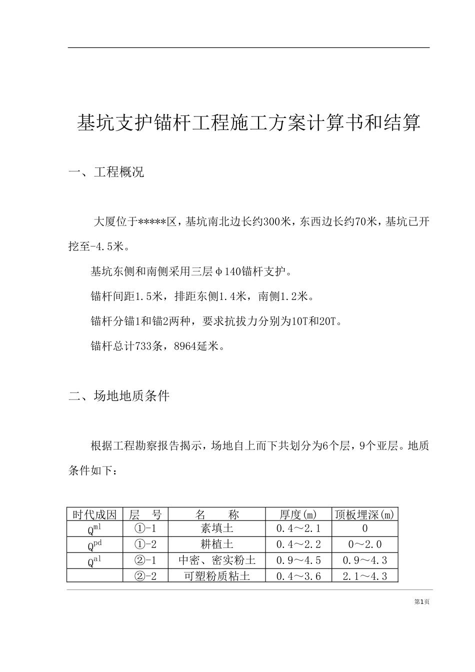 基坑支护锚杆工程施工组织设计方案计算书和结算_第1页