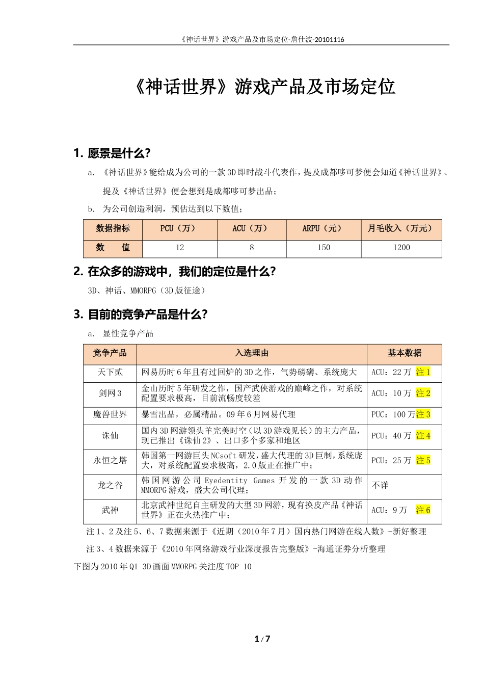 《神话世界》游戏产品及市场定位_第1页