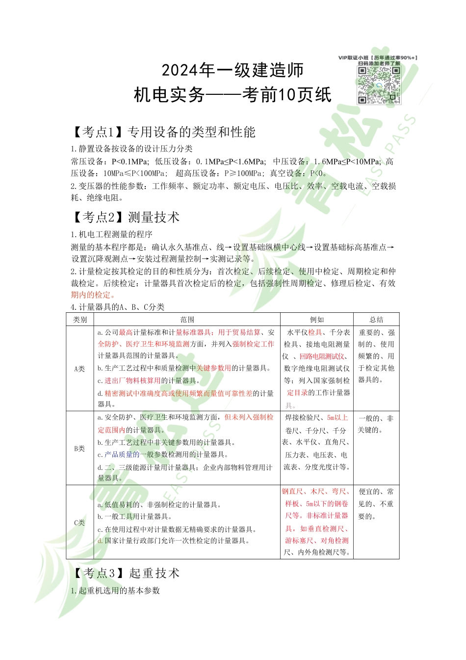 盘古文库-2024年一建（机电）考前10页纸_第1页