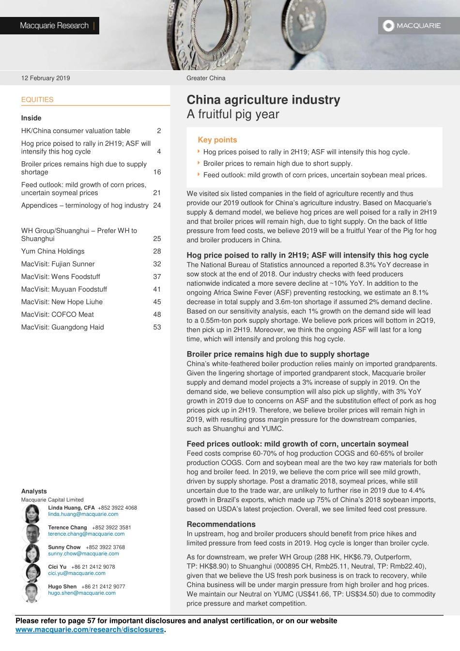 麦格理-中国-农业行业-中国农业：猪年丰收之年-2019.2.12-59页_第1页