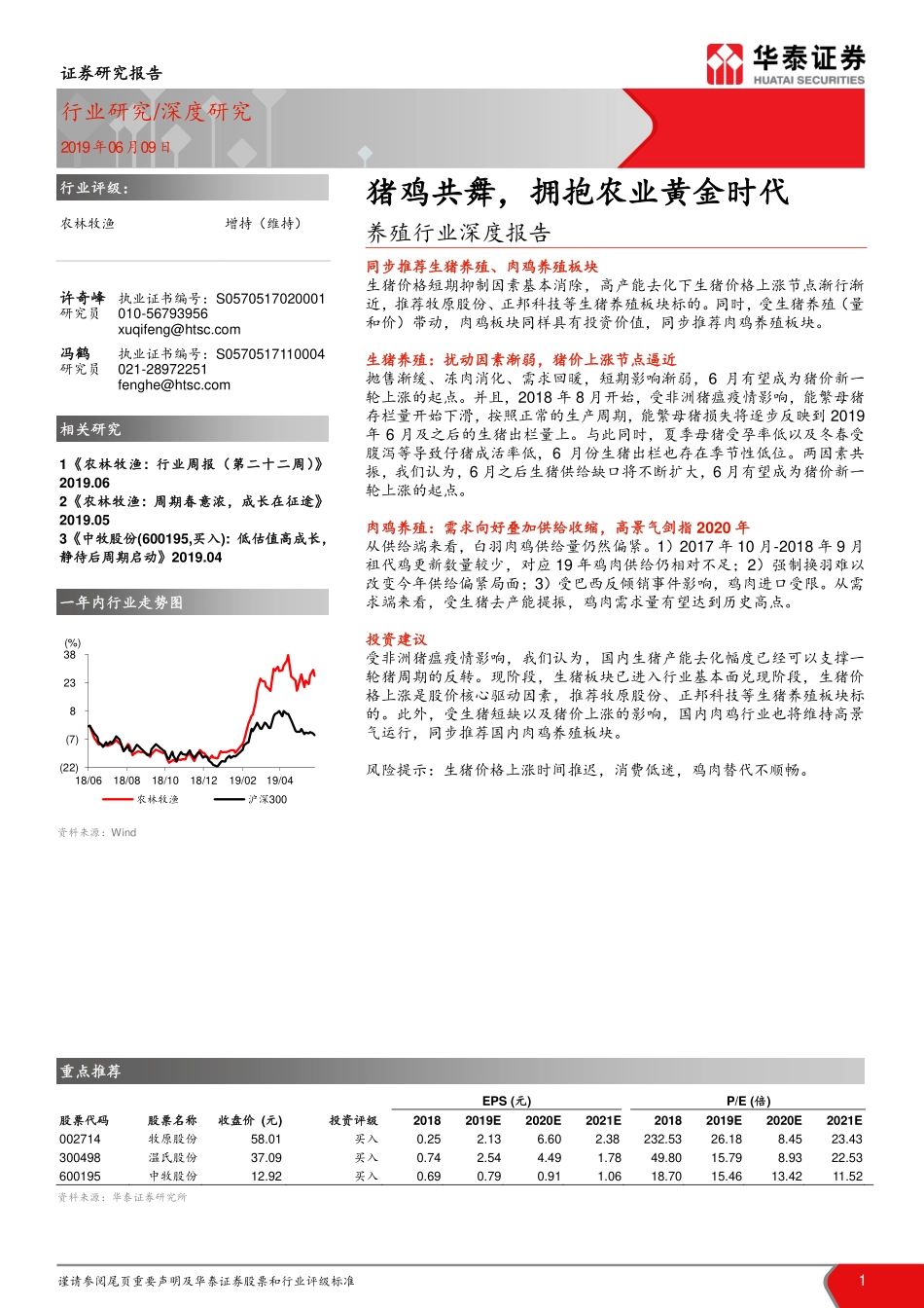 养殖行业深度报告：猪鸡共舞，拥抱农业黄金时代-20190609-华泰证券-15页_第1页