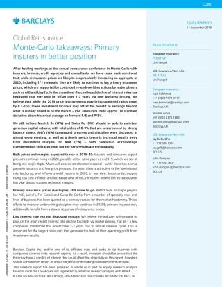 巴克莱-全球-保险行业-全球再保险：初级保险公司处于更有利的地位--文库