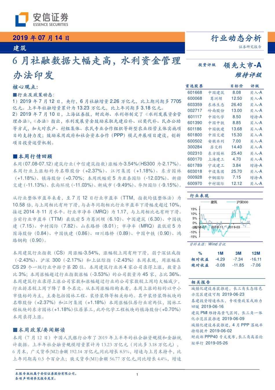 建筑行业动态分析：月社融数据大幅走高，水利资金管理办法印发--安信证券-页_第1页