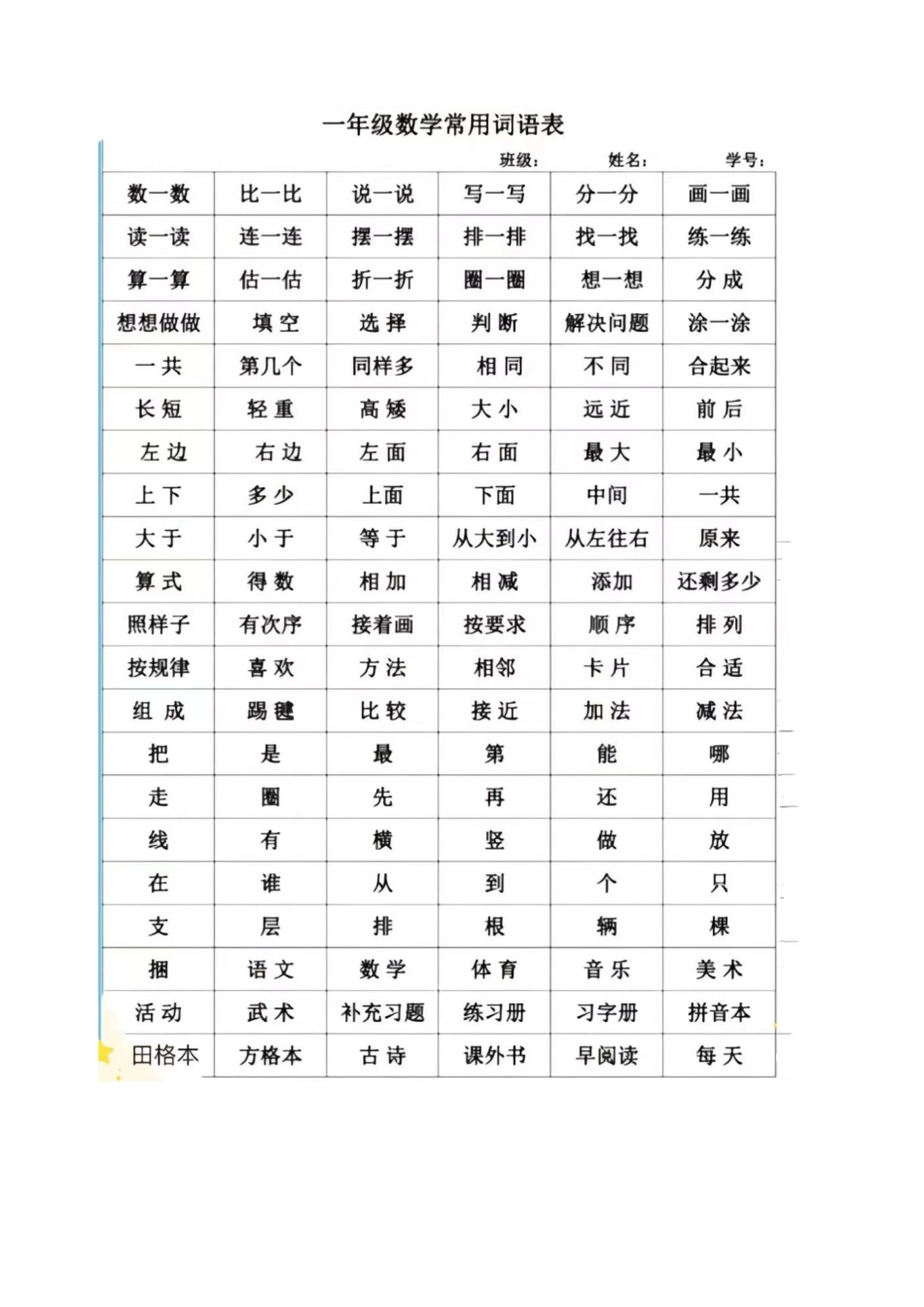 一年级数学常用字词认读_第1页