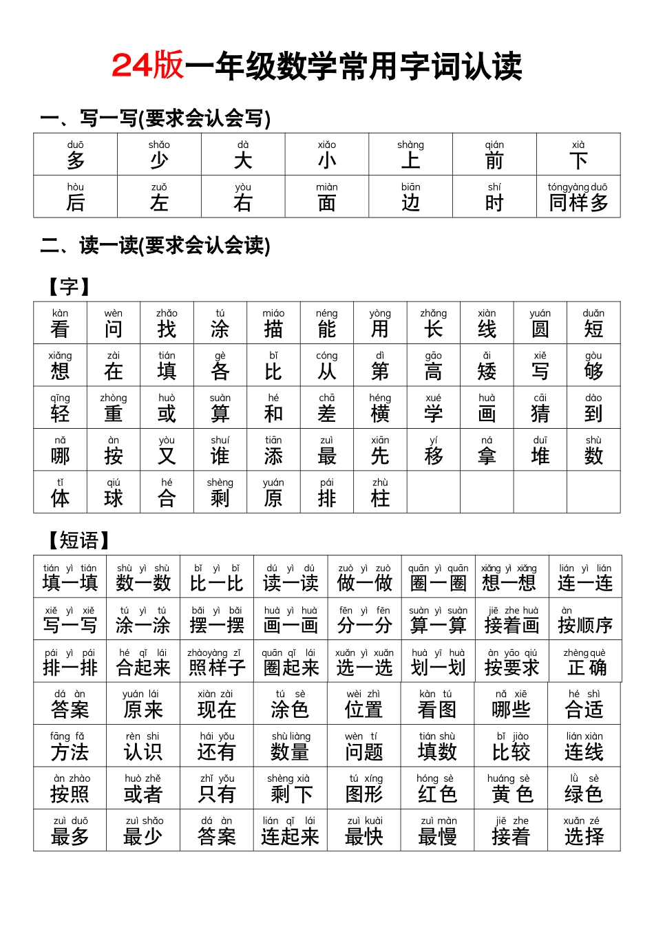 一年级数学常用字认读_第1页