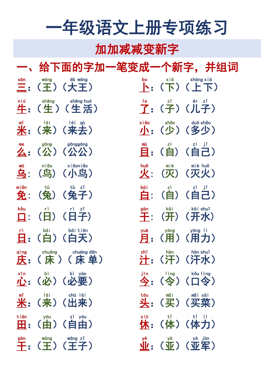 一年级语文上册专项练习加加减减变新字改用_第1页