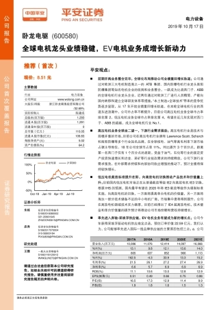 卧龙电驱()专题研究报告-全球电机龙头业绩稳健，EV电机业务成增长新动力-平安证券