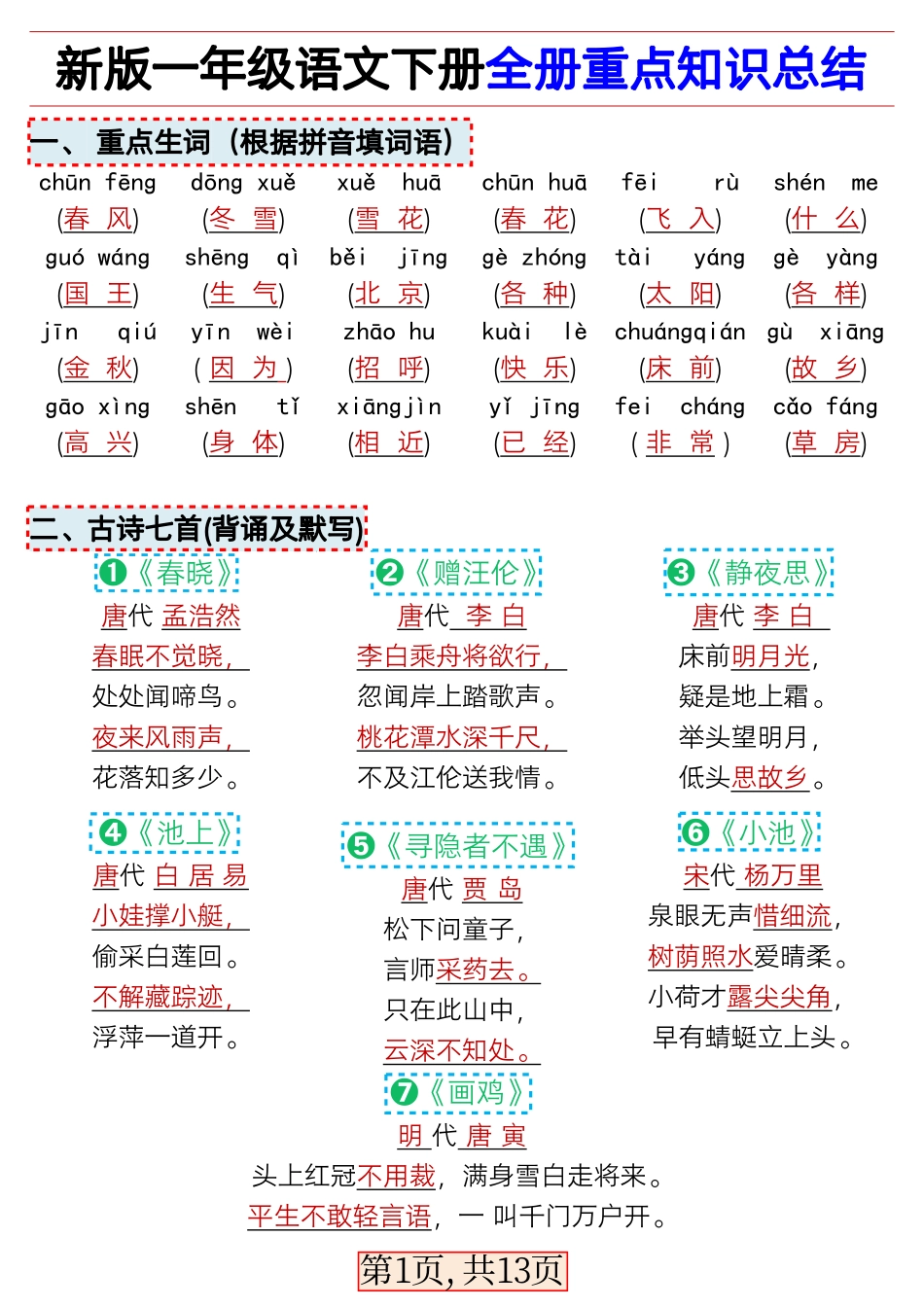 ★新版一年级年级语文下册全册重点知识总结文档_第1页
