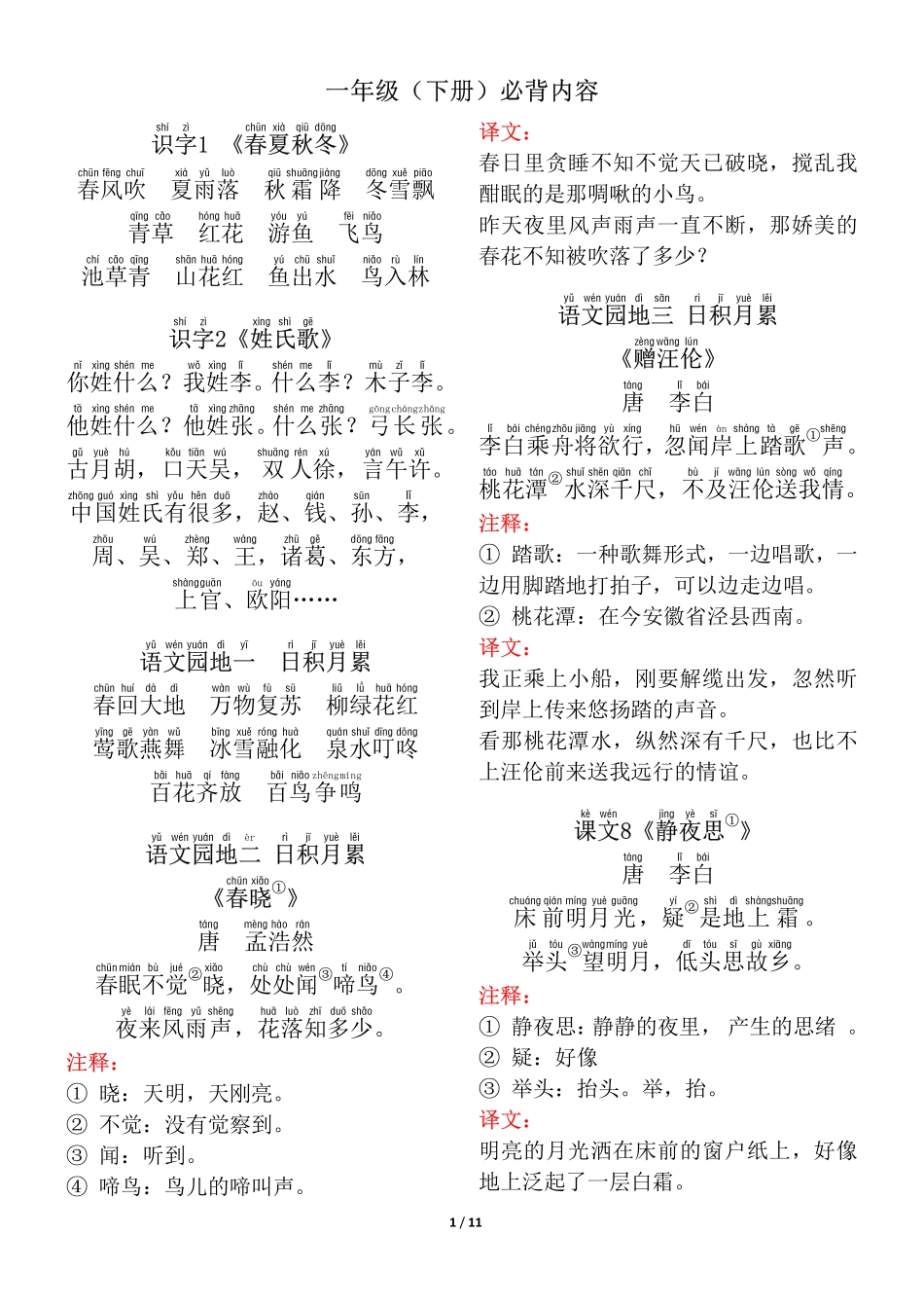 ❤一年级年级(下册)背诵默写(古诗+课文+日积月累)-2_第1页
