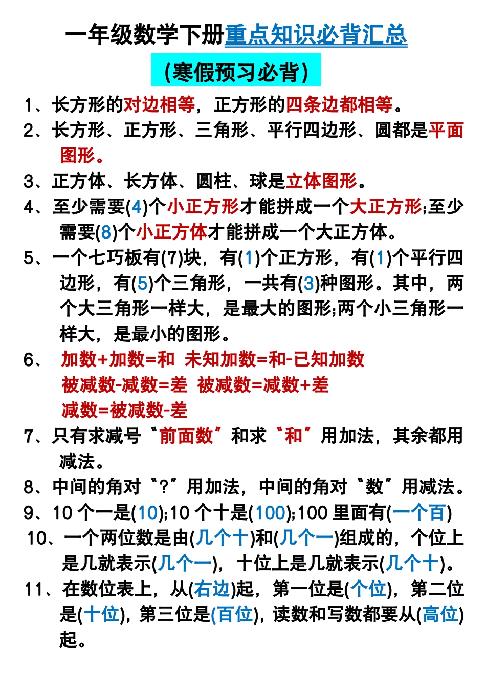 一年级年级数学下册重点知识必背汇总_第1页