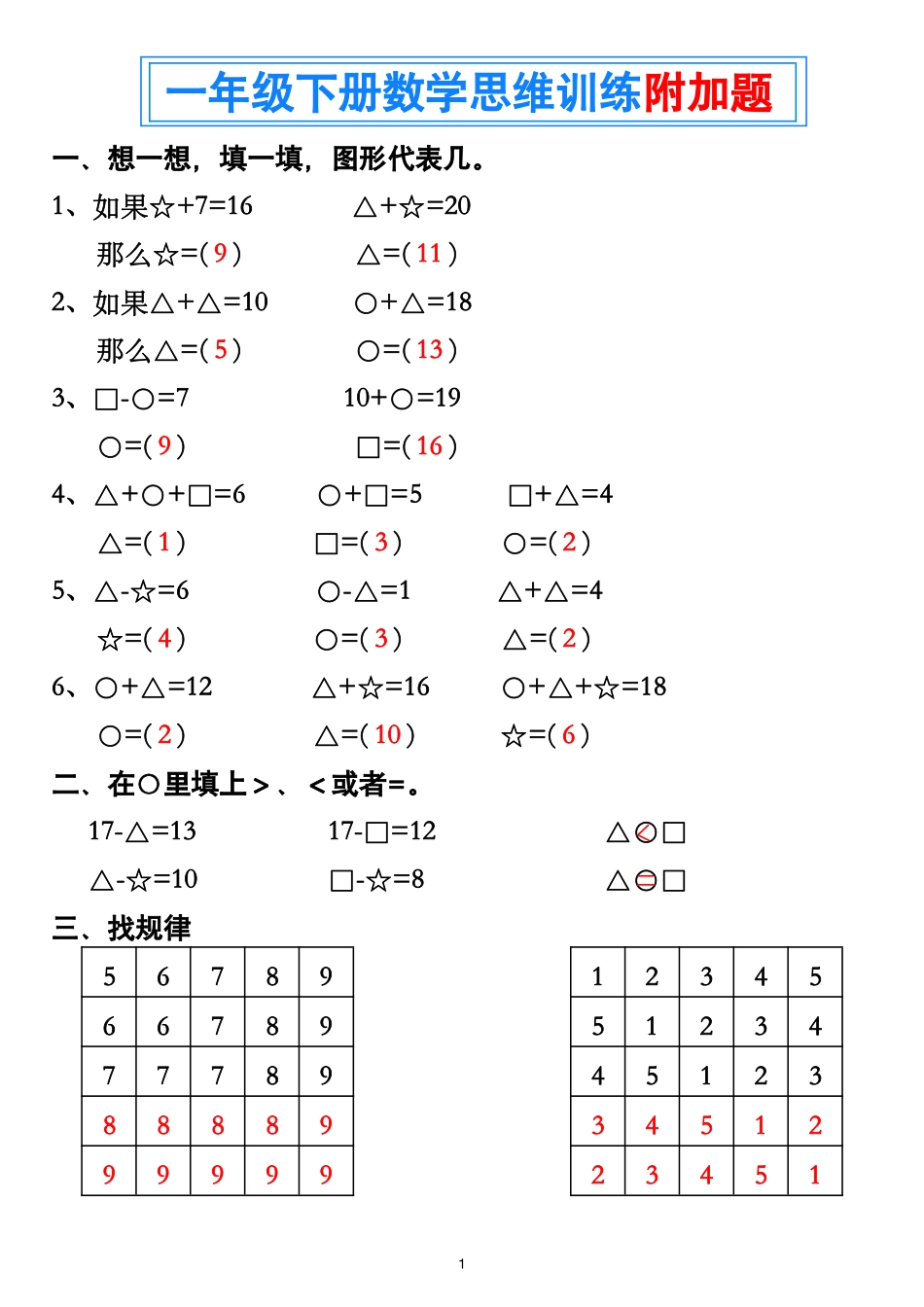 一年级年级下册数学思维训练_第1页