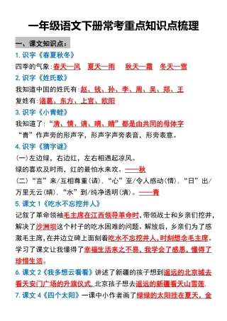 一年级年级语文下册知识点归纳期中期末总复习知识文档文档文档