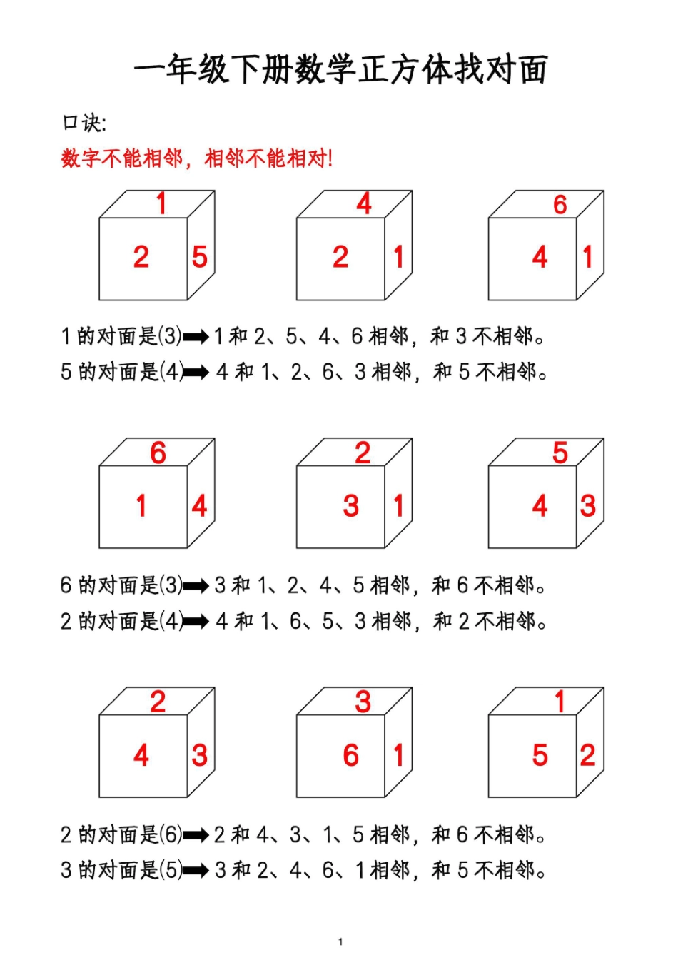 一年级下数学正方体找对面数专练_第1页