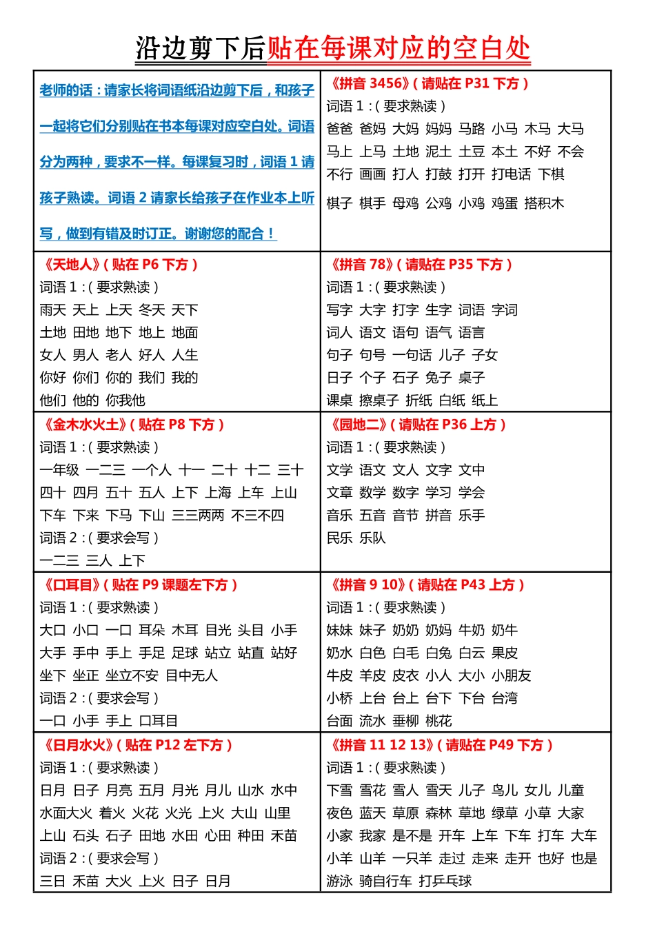 【每课生字组词认读】剪下贴在每课空白处_第1页