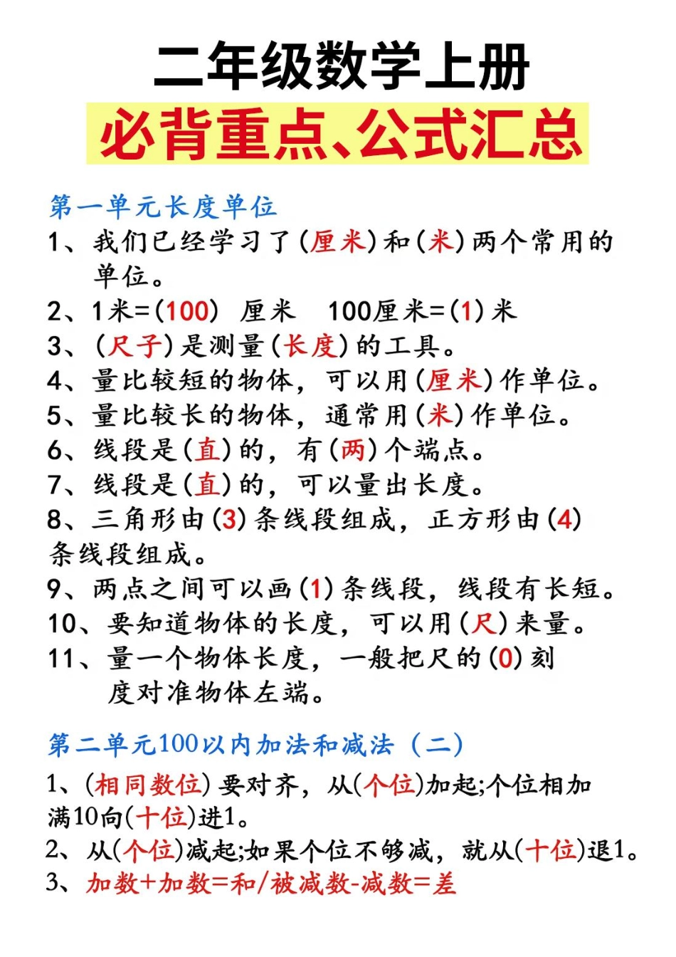 二年级（上）数学 必背重点知识汇总精编_第1页