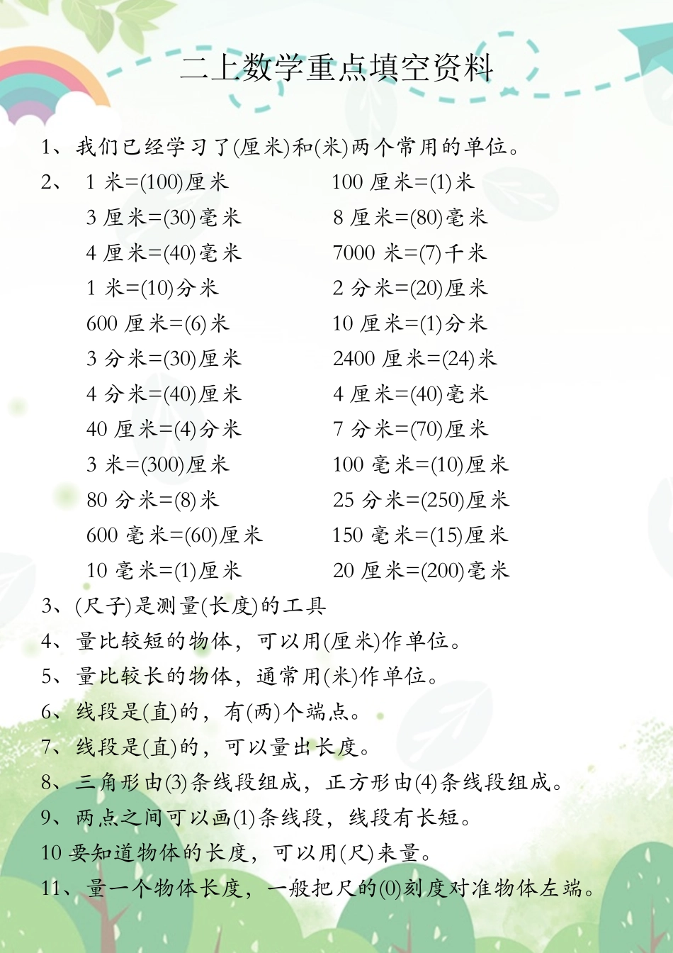 二年级（上）数学 重点填空资料_第1页