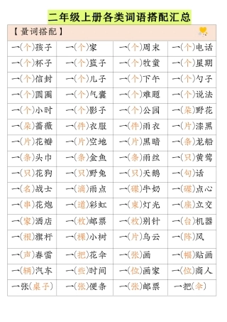 二年级上册各类词语搭配汇总