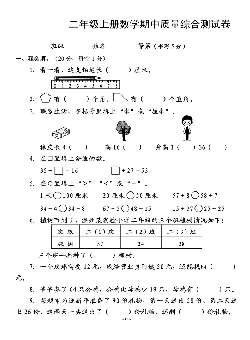 二年级上册数学期中质量综合测 （含答案）_第1页