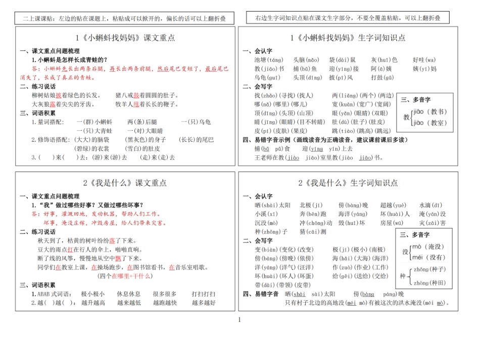 二年级语文上册秋新版课内重点知识生字词《课课贴》_第1页