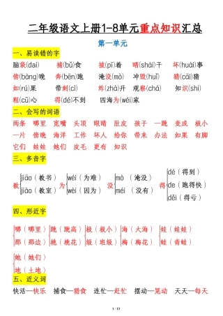二上语文-单元重点知识汇总页盘古