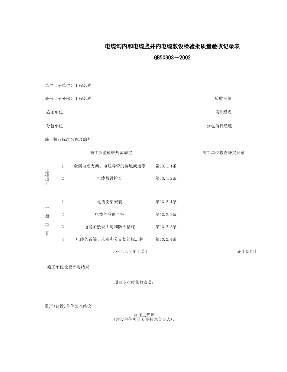 060204_电缆沟内和电缆竖井内电缆敷设检验批质量验收记录表_第1页