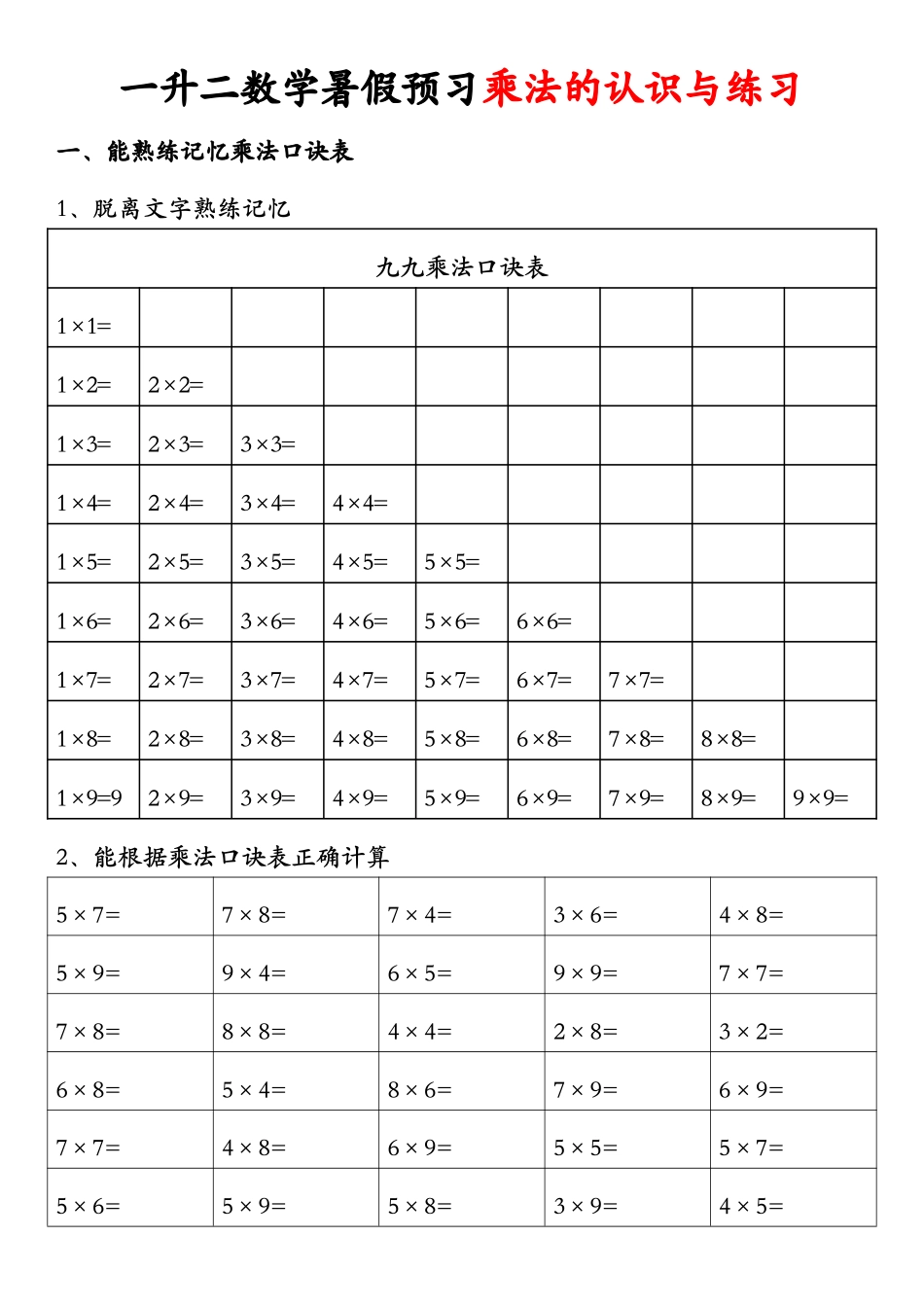 一升二数学 暑假预习乘法的认识与练习_第1页