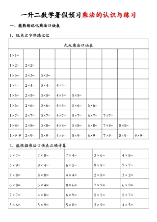 一升二数学 暑假预习乘法的认识与练习