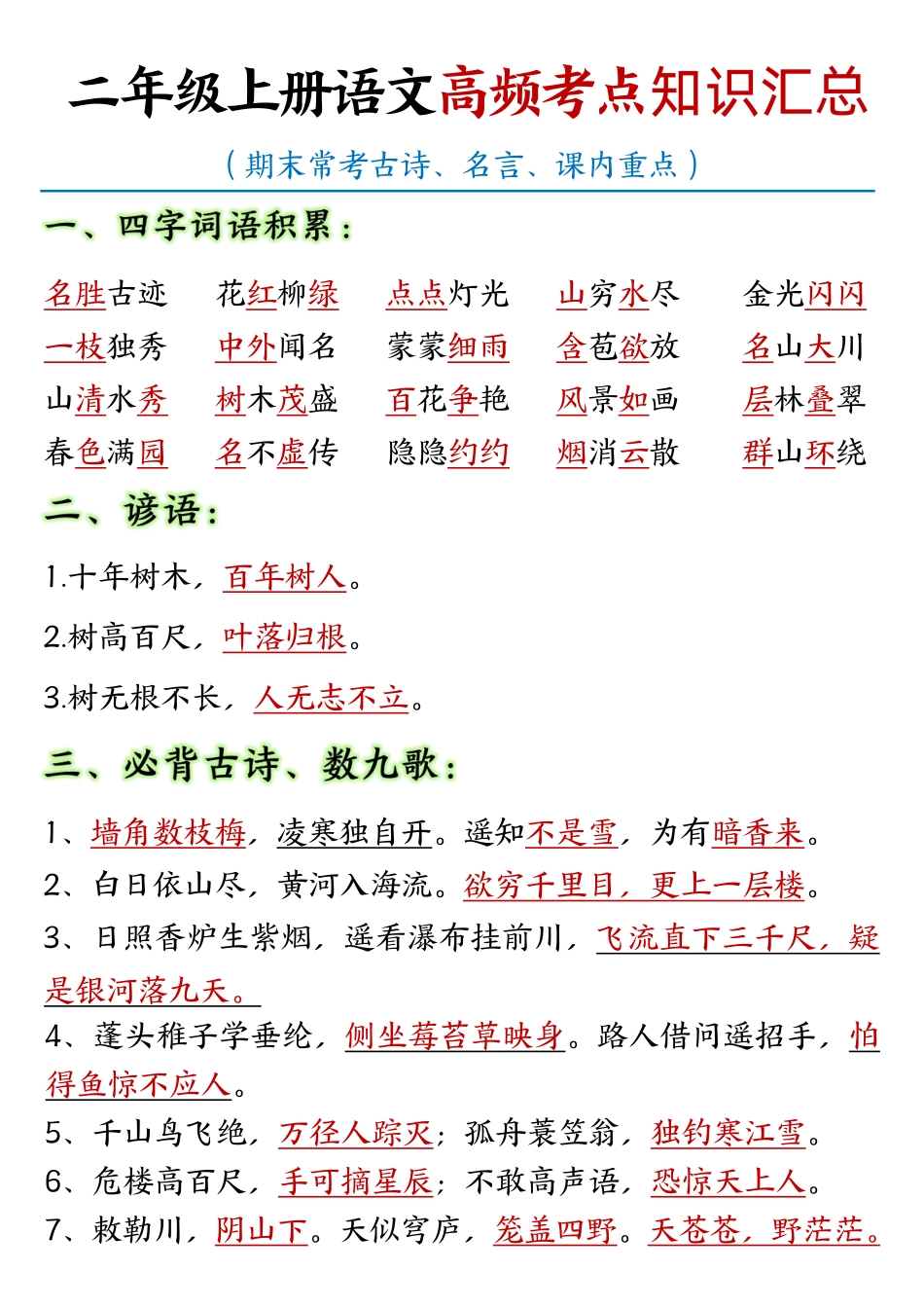 语文二年级（上册）高频考点知识汇总（页）_第1页