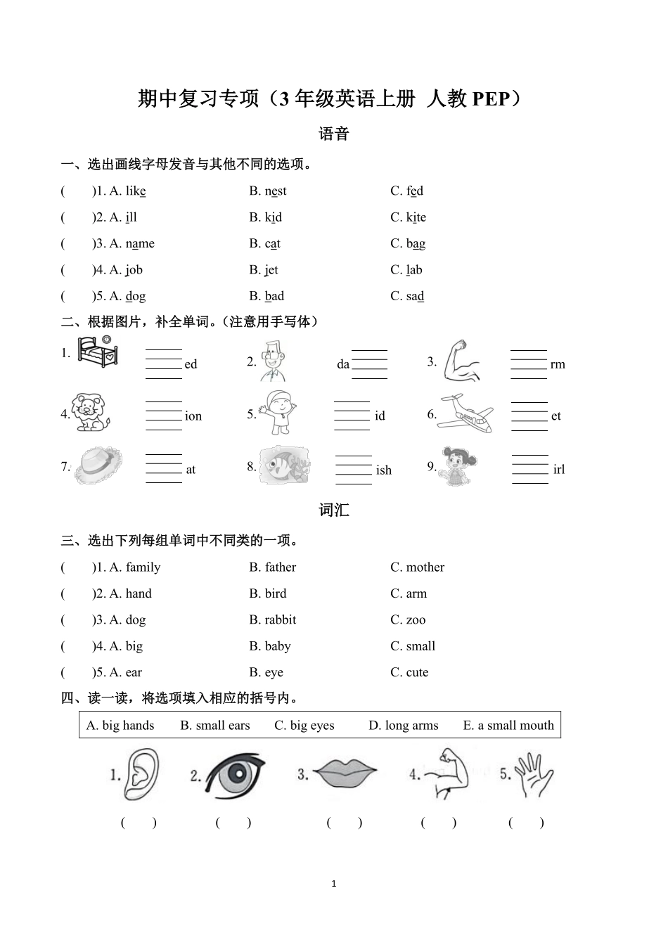 期中复习专项（三年级年级英语上册 人教版）_第1页